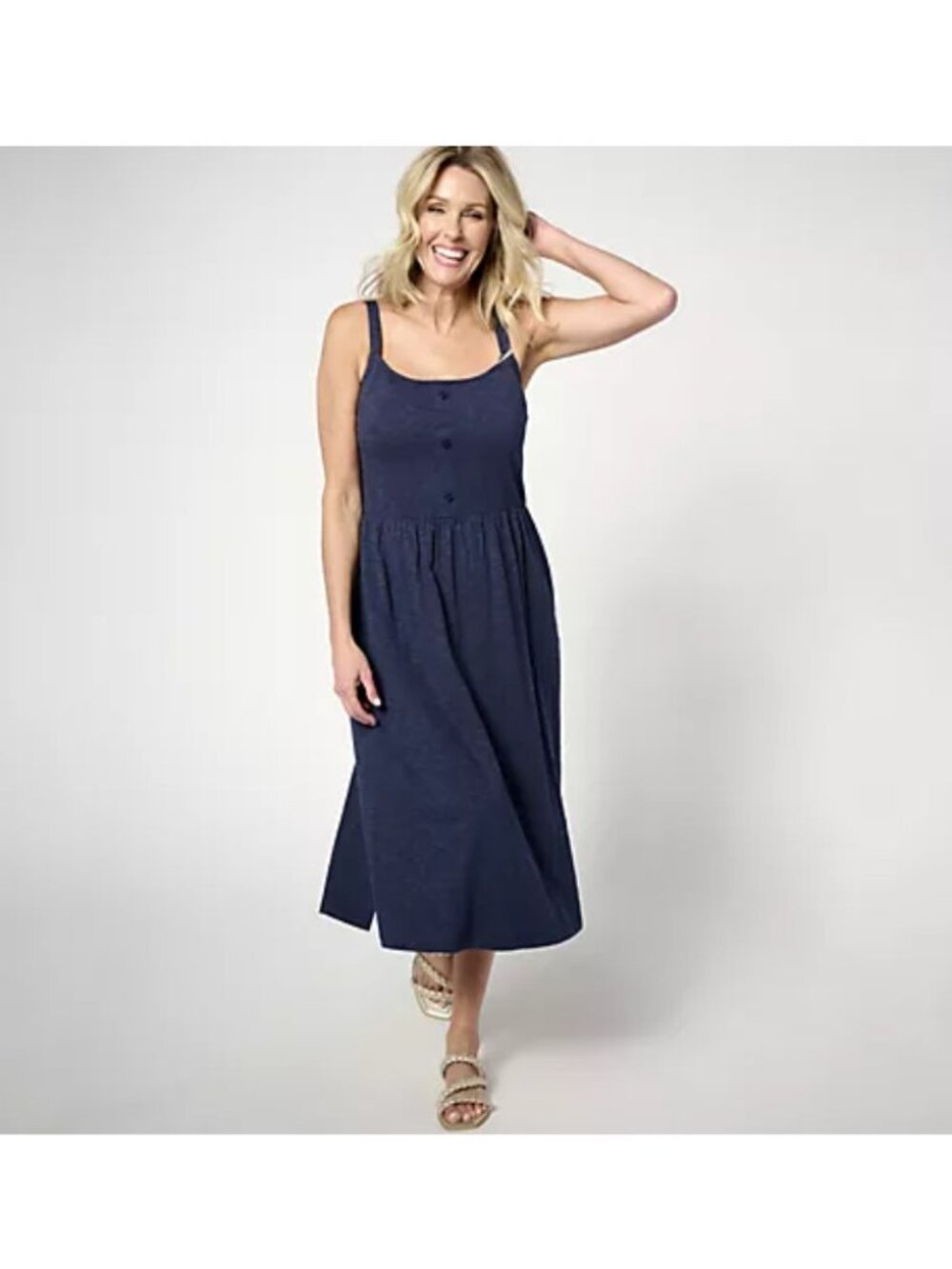 Denim & Co. Women Dress Tank Midi  Sz XL Beach Linen Slub Jersey Blue A643630